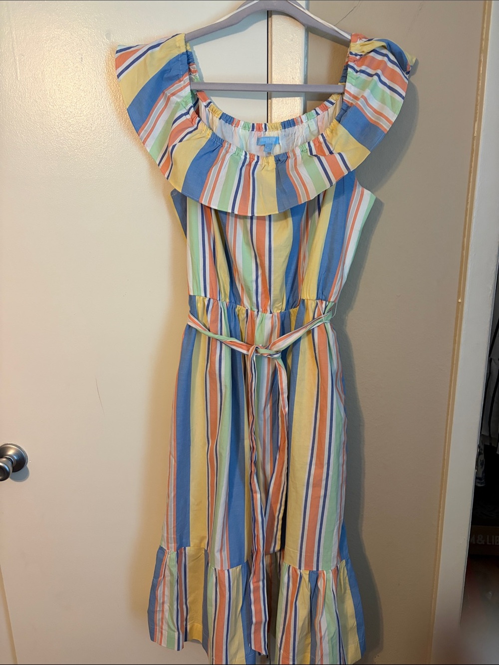 Draper James Striped Ruffled Midi Dress in Blue, Yellow, Green, Pink